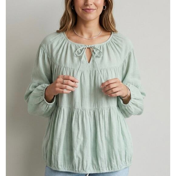JP & mattie Tops - J.P. & Mattie Sage Green 100% Cotton Peasant Blouse Boho Tiered Top Size M